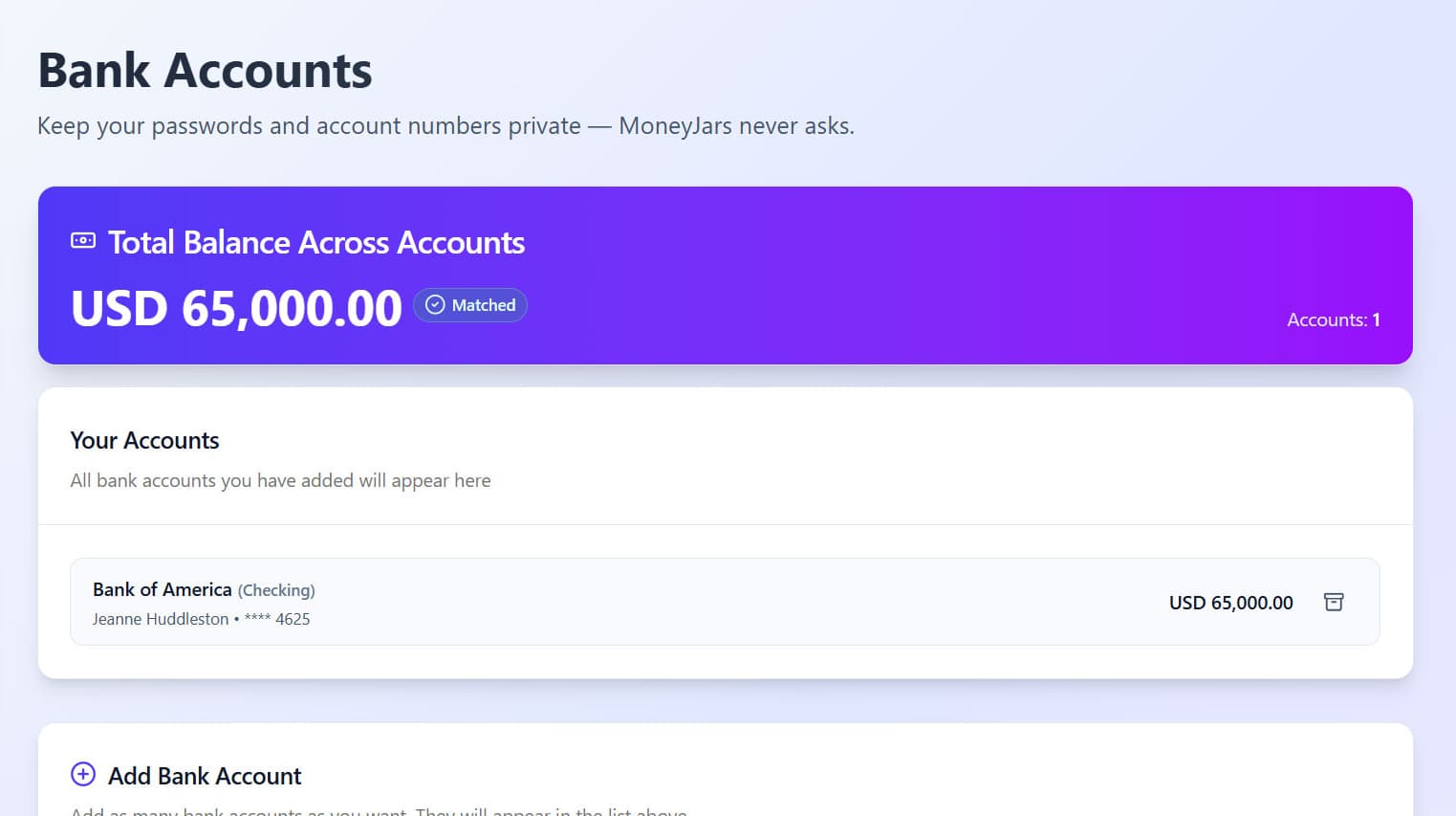 MoneyJars bank accounts page with balances