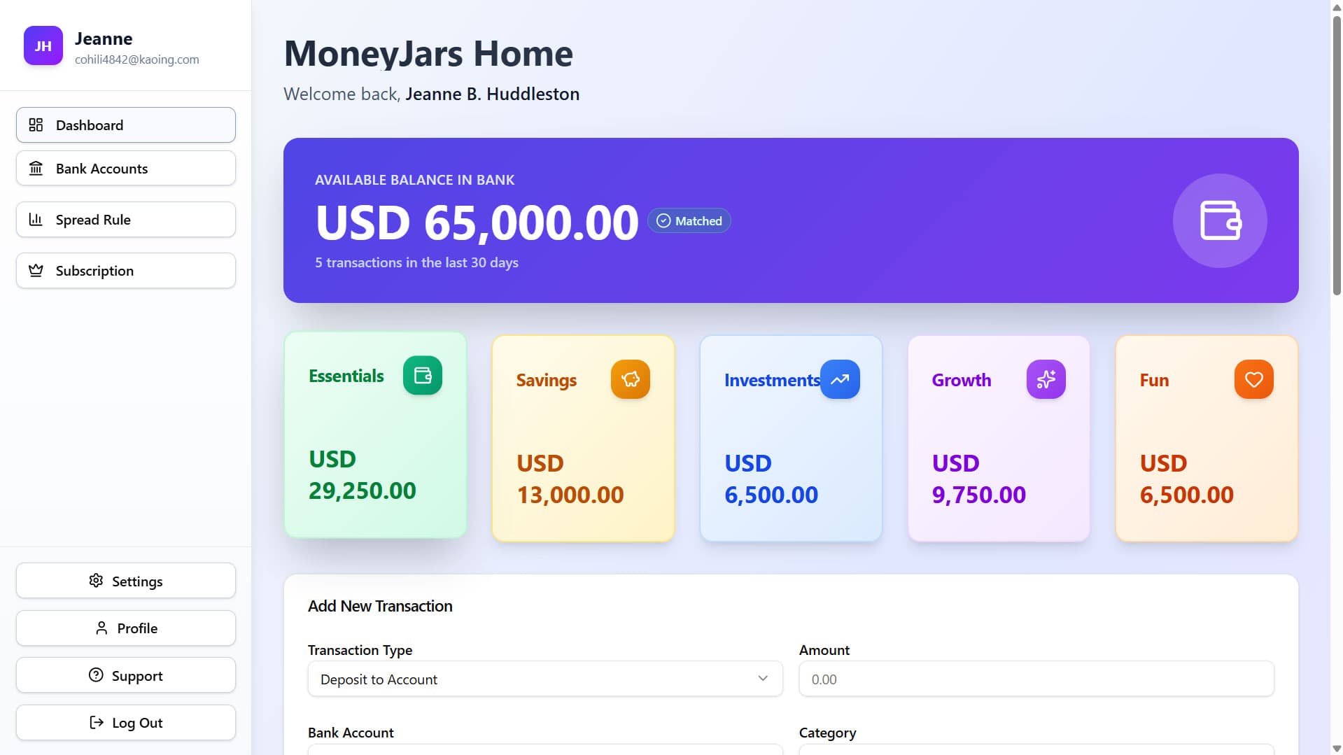 MoneyJars dashboard showing jar balances
